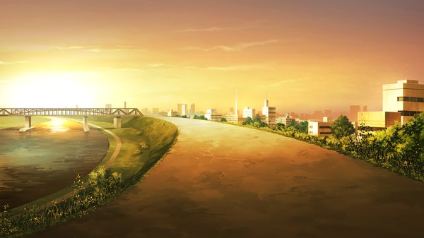 Anime picture 1920x1080 with your diary hamayumiba sou highres wide image game cg sky cloud (clouds) outdoors sunlight city evening sunset no people river plant (plants) building (buildings) grass bridge road