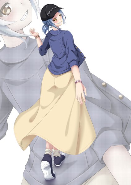 Anime picture 4961x7016 with original chooper single tall image blush highres short hair smile white background yellow eyes payot blue hair absurdres full body head tilt looking back arm up from behind open jacket grin