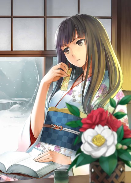 Anime picture 857x1200 with original kurojishi (artist) single long hair tall image brown hair brown eyes looking away indoors traditional clothes japanese clothes snowing winter girl flower (flowers) window kimono book (books) obi