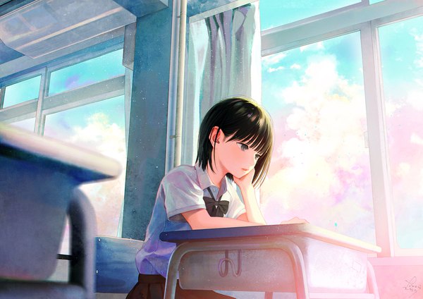 Anime picture 1800x1273 with original nakamura hinata single fringe highres short hair black hair sitting looking away sky cloud (clouds) indoors blunt bangs parted lips :d black eyes chin rest girl uniform school uniform