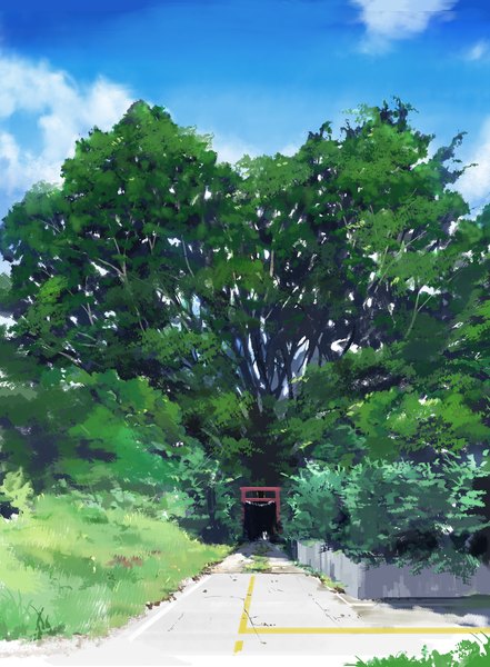 Anime picture 1200x1630 with original tetsuro (pixiv) tall image sky cloud (clouds) sunlight no people sunbeam plant (plants) tree (trees) grass road arch