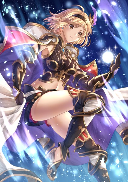 Anime picture 661x935 with granblue fantasy gita (granblue fantasy) villyane single tall image blush fringe short hair breasts light erotic blonde hair large breasts yellow eyes ahoge bent knee (knees) bare belly armpit (armpits) high heels looking down conqueror of the eternals