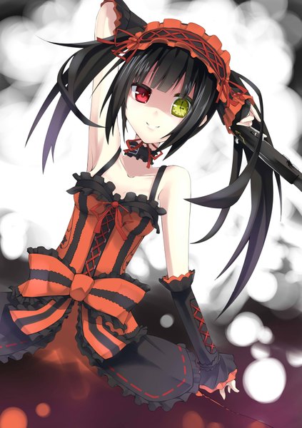 Anime picture 2834x4015 with date a live tokisaki kurumi single long hair tall image highres black hair smile twintails bare shoulders heterochromia uneven twintails girl dress weapon detached sleeves headdress gun