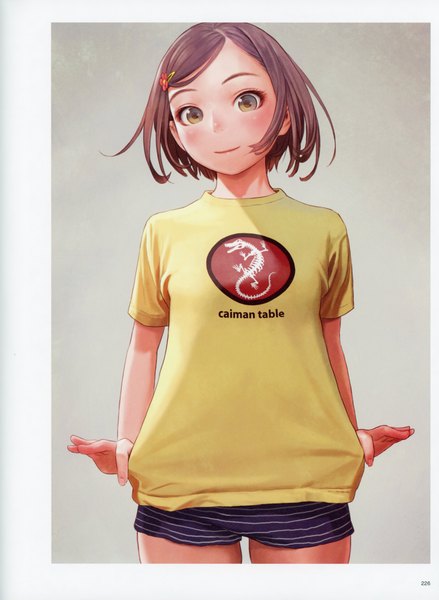 Anime picture 5092x6966 with futurelog (artbook) range murata single tall image looking at viewer highres short hair breasts simple background brown hair yellow eyes absurdres light smile scan grey background border girl shorts hairclip short shorts