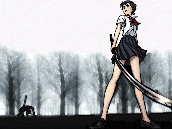Anime picture 1600x1200 with blood+ production i.g otonashi saya single short hair black hair black eyes girl skirt weapon plant (plants) shirt sword tree (trees) monster