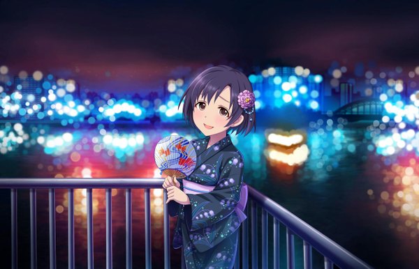 Anime picture 1280x824 with idolmaster idolmaster cinderella girls idolmaster cinderella girls starlight stage shiragiku hotaru single looking at viewer blush short hair open mouth black hair brown eyes traditional clothes japanese clothes animal print fish print girl hair ornament obi yukata