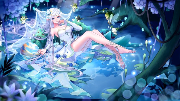 Anime picture 1920x1080 with original zuo600 single looking at viewer fringe highres breasts blue eyes light erotic wide image large breasts payot silver hair full body bent knee (knees) outdoors very long hair parted lips barefoot hair flower