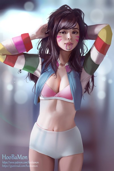 Anime picture 1006x1500 with overwatch blizzard entertainment d.va (overwatch) hoo bamon single long hair tall image looking at viewer fringe light erotic brown hair standing holding brown eyes long sleeves lips blurry realistic arms up bare belly
