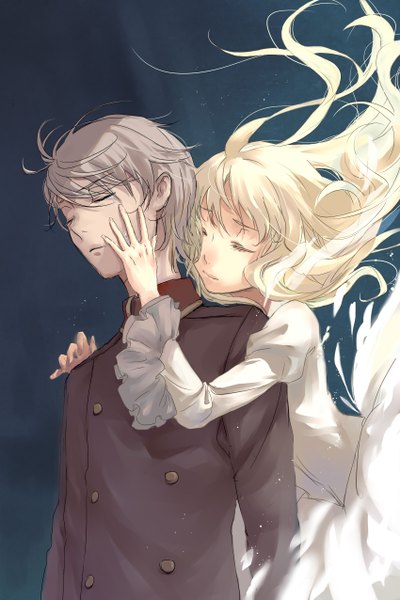 Anime picture 1700x2551 with aldnoah.zero a-1 pictures slaine troyard asseylum vers allusia limbo (pixiv11653633) long hair tall image fringe short hair simple background blonde hair hair between eyes upper body eyes closed grey hair wide sleeves puffy sleeves couple tears floating hair