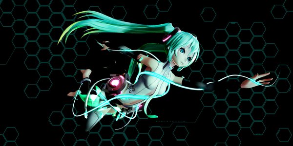 Anime picture 4000x2000 with vocaloid vocaloid append hatsune miku hatsune miku (append) meeji (artist) single highres blue eyes wide image twintails bare shoulders very long hair aqua hair black background flying 3d mikumikudance girl detached sleeves necktie