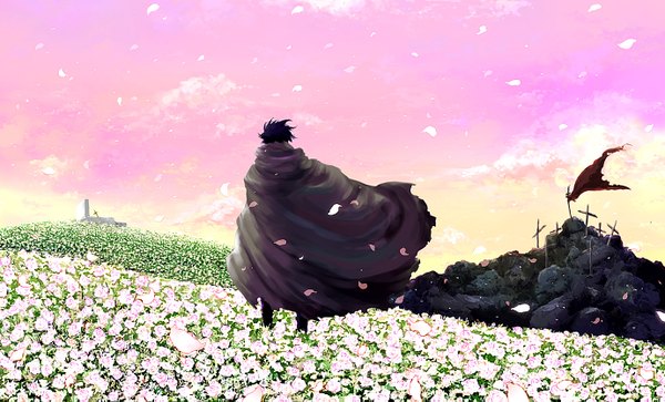 Anime picture 1380x835 with tengen toppa gurren lagann gainax simon yaichi (artist) wide image from behind field boy petals cloak cross flag