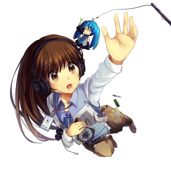 Anime picture 2000x1991 with original vocaloid hatsune miku bison cangshu single long hair highres open mouth brown hair brown eyes transparent background girl shirt headphones camera trinket