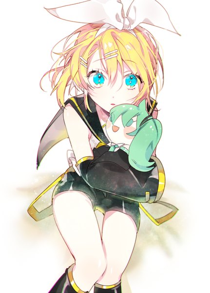Anime picture 600x834 with vocaloid hatsune miku kagamine rin piyo (ppotatto) single tall image looking at viewer short hair simple background blonde hair white background sitting aqua eyes from above girl hair ornament bow hair bow detached sleeves shorts