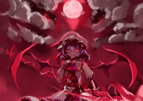 Anime picture 3507x2480 with touhou remilia scarlet blaze (artist) single looking at viewer fringe highres short hair red eyes payot absurdres sky short sleeves fang (fangs) puffy sleeves glowing finger to mouth glowing eye (eyes) bat wings glow