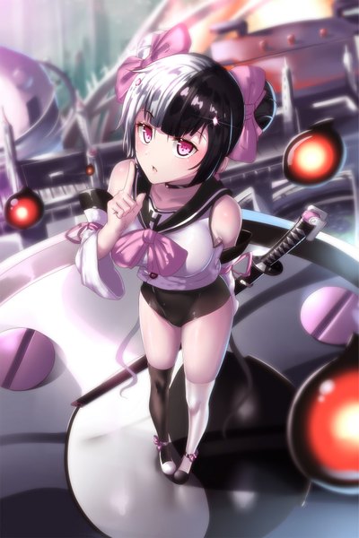 Anime picture 1162x1742 with original hk (hak) single tall image blush light erotic black hair twintails silver hair very long hair parted lips pink eyes multicolored hair from above two-tone hair different thighhighs yin yang girl thighhighs bow