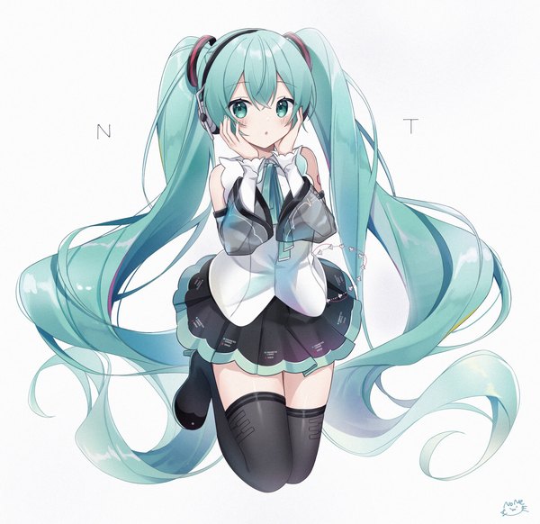 Anime picture 2645x2564 with vocaloid hatsune miku hatsune miku (nt) noneon319 single looking at viewer blush fringe highres simple background hair between eyes white background twintails full body very long hair pleated skirt aqua eyes aqua hair jumping hands on face