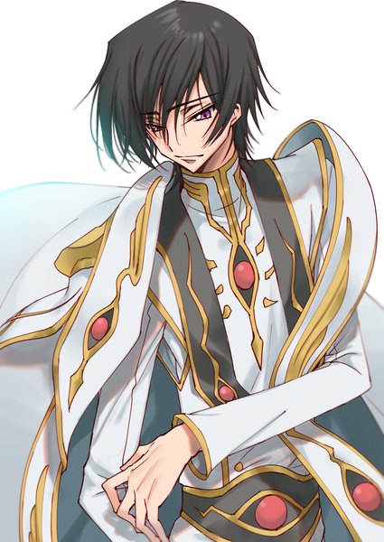 Anime picture 700x988 with code geass sunrise (studio) lelouch lamperouge creayus single tall image fringe short hair black hair simple background hair between eyes standing white background purple eyes upper body long sleeves looking down boy uniform cape