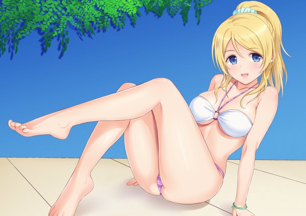 Anime picture 1414x1000 with love live! school idol project sunrise (studio) love live! ayase eli n.g. single long hair looking at viewer blush fringe breasts open mouth light erotic blonde hair hair between eyes sitting bare shoulders sky ponytail barefoot