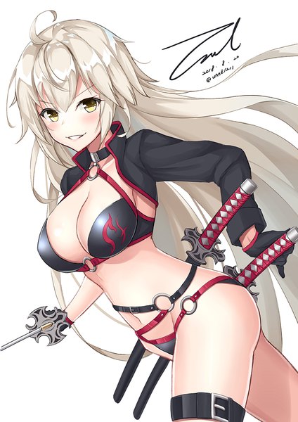 Anime picture 800x1131 with fate (series) fate/grand order jeanne d'arc (fate) (all) jeanne d'arc alter (fate) jeanne d'arc alter (swimsuit berserker) (fate) unel single tall image looking at viewer blush fringe breasts light erotic simple background smile hair between eyes large breasts white background holding signed