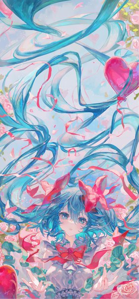 Anime picture 750x1607 with vocaloid hatsune miku diyokama single tall image looking at viewer fringe hair between eyes twintails very long hair head tilt aqua eyes aqua hair girl flower (flowers) ribbon (ribbons) bow hair bow heart rose (roses)