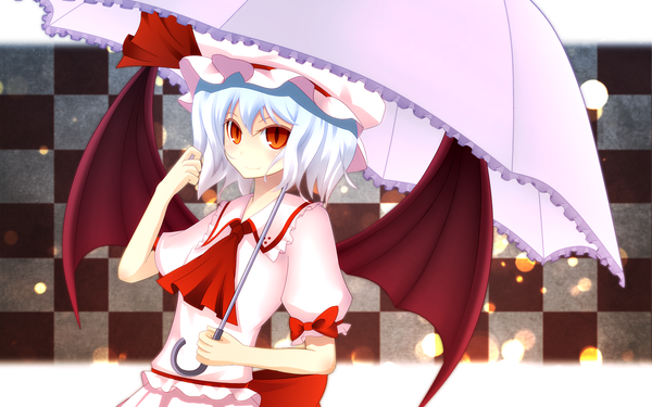 Anime picture 2000x1250 with touhou remilia scarlet junior27016 single blush highres short hair red eyes wide image blue hair checkered background girl dress bow wings umbrella bonnet