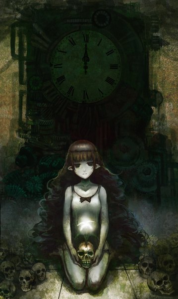 Anime picture 2480x4144 with original charimei single long hair tall image looking at viewer fringe highres brown hair sitting bare shoulders pointy ears black eyes wavy hair girl clock skull gears pendulum clock
