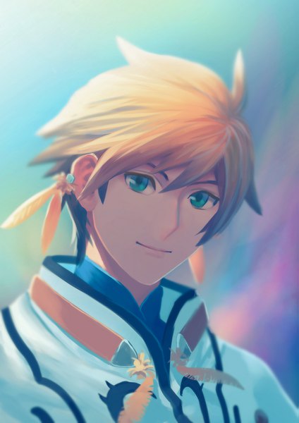 Anime picture 911x1290 with tales of (series) tales of zestiria sorey (tales) fateline alpha single tall image looking at viewer fringe short hair hair between eyes brown hair upper body aqua eyes light smile portrait light boy earrings feather (feathers)