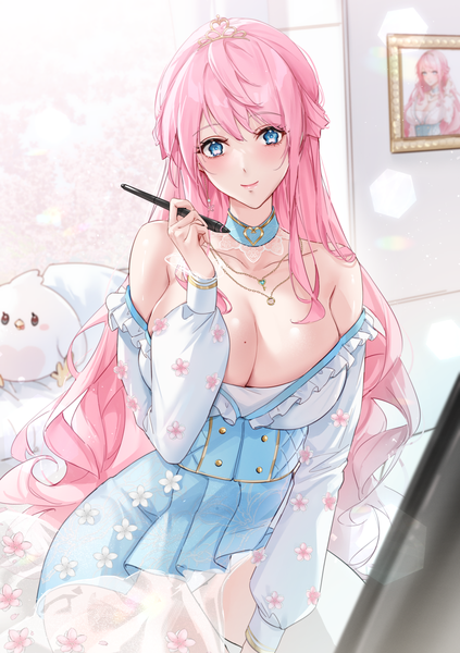 Anime picture 1020x1447 with original nu10040904 single long hair tall image looking at viewer blush fringe breasts blue eyes light erotic smile hair between eyes large breasts bare shoulders holding pink hair cleavage indoors long sleeves