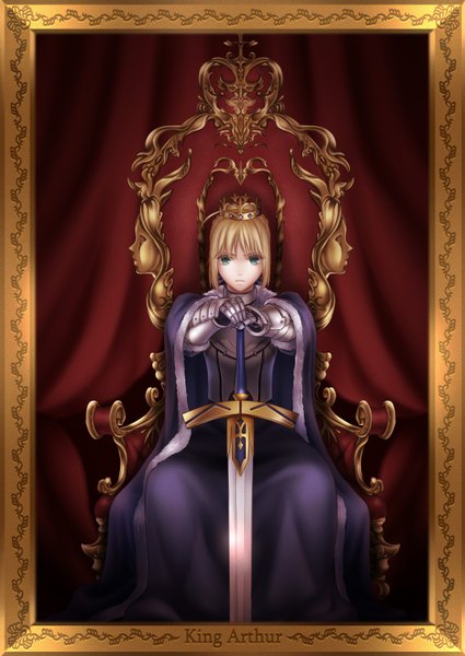 Anime picture 1074x1517 with fate (series) fate/stay night studio deen type-moon artoria pendragon (all) saber nuruhachi single tall image short hair blue eyes blonde hair sitting inscription framed girl weapon sword armor crown