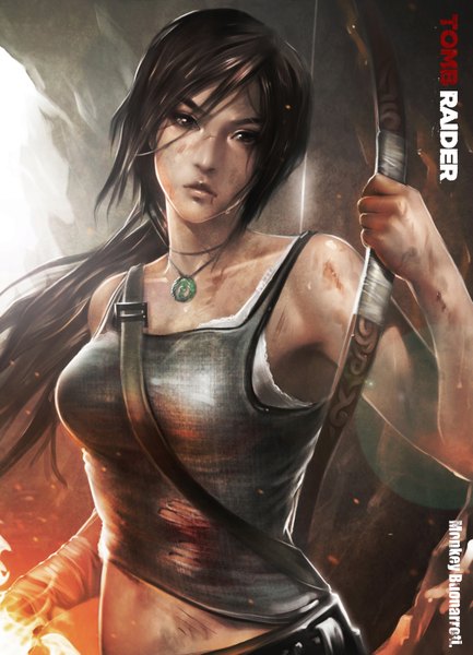 Anime picture 2427x3363 with tomb raider lara croft monkey (weibo) single long hair tall image highres brown hair signed lips black eyes realistic torn clothes girl belt pendant blood bandage (bandages) fire bow (weapon)