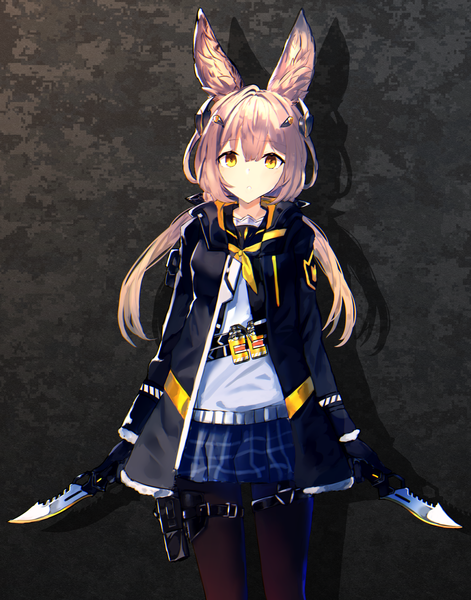 Anime picture 1348x1717 with original chamnaitu single long hair tall image looking at viewer fringe brown hair standing twintails holding animal ears yellow eyes long sleeves :o shadow low twintails plaid skirt gradient hair girl