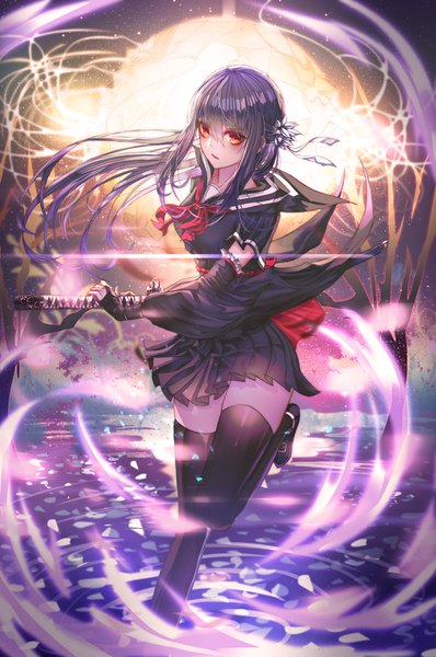 Anime picture 2656x4000 with original domi (hyaku8795) single long hair tall image looking at viewer fringe highres black hair hair between eyes red eyes standing payot full body pleated skirt wide sleeves zettai ryouiki floating hair standing on one leg fighting stance