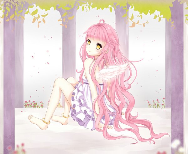 Anime picture 1000x822 with original jellybear single long hair blush bare shoulders yellow eyes pink hair ahoge barefoot light smile girl dress flower (flowers) plant (plants) wings tree (trees) bracelet jewelry anklet