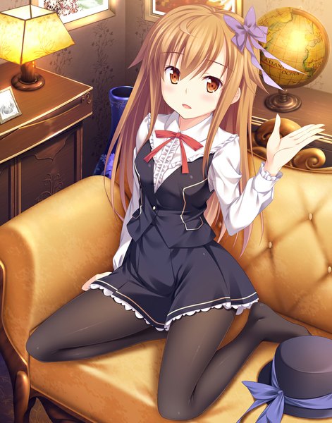 Anime picture 790x1007 with original yuurei yashiki single long hair tall image looking at viewer blush brown hair brown eyes girl dress bow hair bow hat pantyhose black pantyhose couch lamp globe