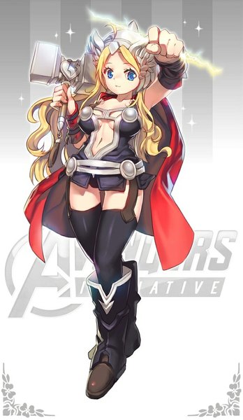 Anime picture 599x1031 with marvel comics avengers thor (character) matsuki ringo single tall image looking at viewer blue eyes ahoge inscription genderswap girl thighhighs navel black thighhighs cape knee boots helmet hammer