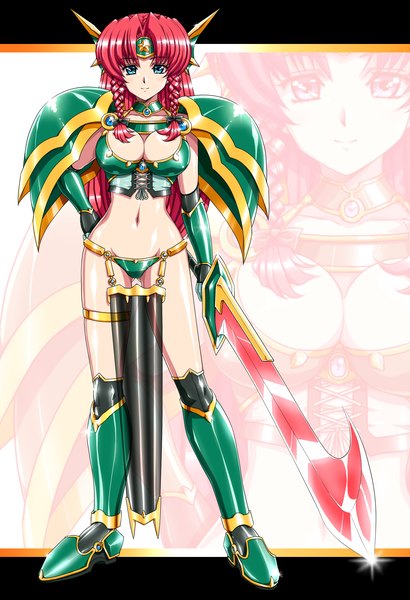 Anime picture 1400x2048 with touhou hong meiling shirosato long hair tall image looking at viewer breasts blue eyes light erotic smile large breasts standing full body red hair braid (braids) zoom layer navel weapon sword armor