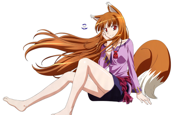 Anime picture 1599x1071 with spice and wolf horo long hair red eyes sitting light smile orange hair legs transparent background wolf ears wolf tail wolf girl girl