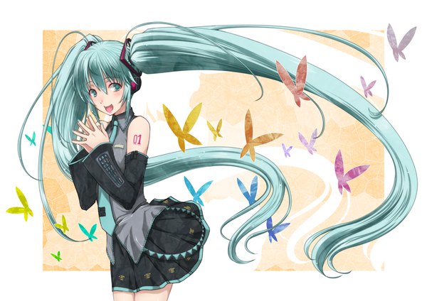 Anime picture 1000x707 with vocaloid hatsune miku kiko (weavehabit) single blush open mouth smile twintails green eyes very long hair pleated skirt green hair tattoo girl skirt detached sleeves necktie headphones