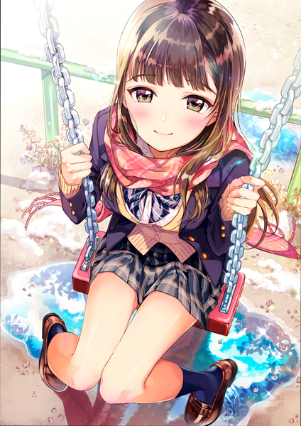 Anime picture 1413x2000 with original matsuzaki miyuki single long hair tall image looking at viewer blush fringe smile brown hair sitting holding brown eyes full body bent knee (knees) outdoors blunt bangs pleated skirt from above sunlight