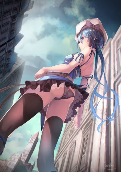 Anime-Bild 1202x1700 mit original lee-chan (saraki) saraki single long hair tall image looking at viewer fringe blue eyes light erotic hair between eyes twintails bare shoulders signed blue hair sky cloud (clouds) ass profile from below