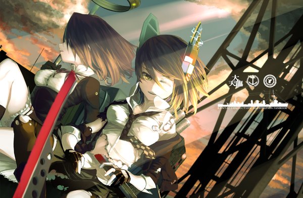 Anime picture 1600x1050 with kantai collection tenryuu light cruiser tatsuta light cruiser kumonji aruto looking at viewer short hair sitting multiple girls yellow eyes looking away purple hair cloud (clouds) one eye closed wink sunlight inscription torn clothes electricity girl thighhighs