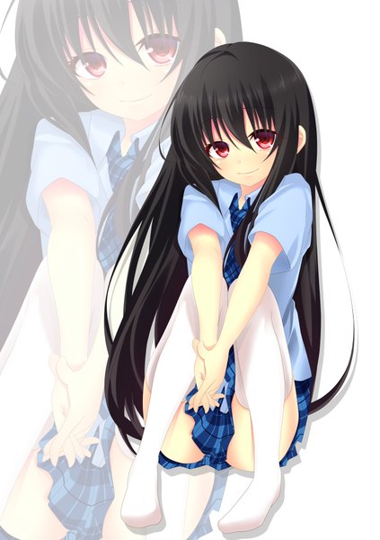 Anime picture 705x1000 with original chazhizi single long hair tall image looking at viewer black hair smile red eyes sitting zoom layer girl thighhighs skirt white thighhighs