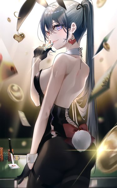 Anime picture 1871x3008 with original miwano rag single long hair tall image looking at viewer fringe highres breasts blue eyes light erotic black hair hair between eyes red eyes standing holding animal ears ass ponytail tail