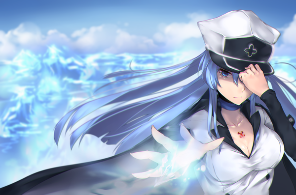 Anime picture 3818x2532 with akame ga kill! white fox esdeath hplay (kyoshinou) single long hair looking at viewer fringe highres blue eyes hair between eyes blue hair absurdres sky cleavage cloud (clouds) upper body fingernails tattoo outstretched arm
