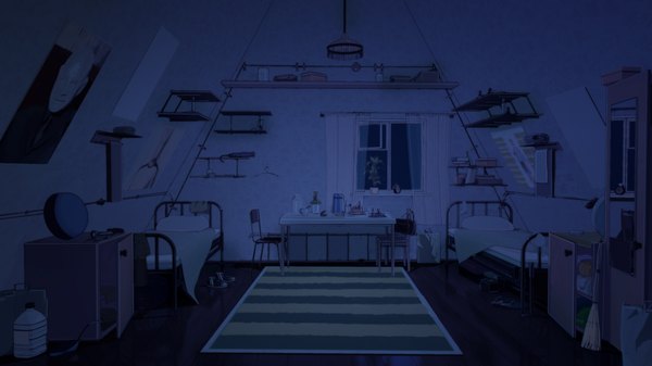 Anime picture 1920x1080 with everlasting summer iichan eroge arsenixc vvcephei highres wide image game cg indoors night wallpaper no people collaboration plant (plants) shoes window bed table clock cup sneakers