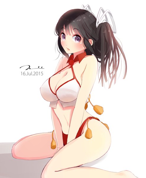 Anime picture 1741x2111 with kantai collection hiyou light aircraft carrier tebi (tbd11) single long hair tall image looking at viewer blush fringe highres breasts light erotic black hair simple background large breasts white background sitting purple eyes twintails signed