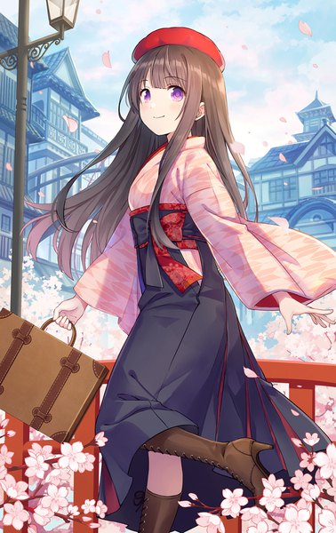 Anime picture 631x1000 with ipass (yi ka tong) xiao pa rio.lw single long hair tall image looking at viewer blush fringe brown hair standing purple eyes holding sky cloud (clouds) outdoors blunt bangs traditional clothes japanese clothes light smile