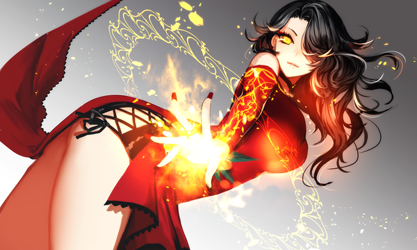 Anime-Bild 2000x1200 mit rwby rooster teeth cinder fall ut (apt) single long hair looking at viewer fringe highres breasts light erotic black hair simple background wide image large breasts white background bare shoulders yellow eyes red hair long sleeves