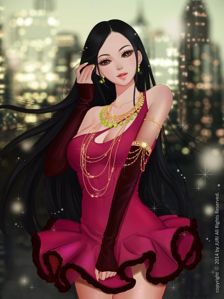 Anime picture 3000x4000 with original jr20504 single long hair tall image highres breasts black hair standing bare shoulders brown eyes signed nail polish parted lips fingernails light smile lips bare legs city adjusting hair