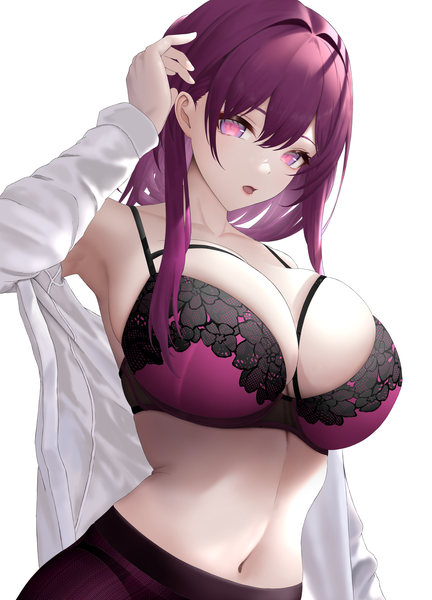 Anime picture 3600x5000 with honkai: star rail honkai (series) kafka (honkai: star rail) yumeto (ym-1) single long hair tall image looking at viewer fringe highres breasts open mouth light erotic simple background hair between eyes large breasts standing white background purple eyes absurdres